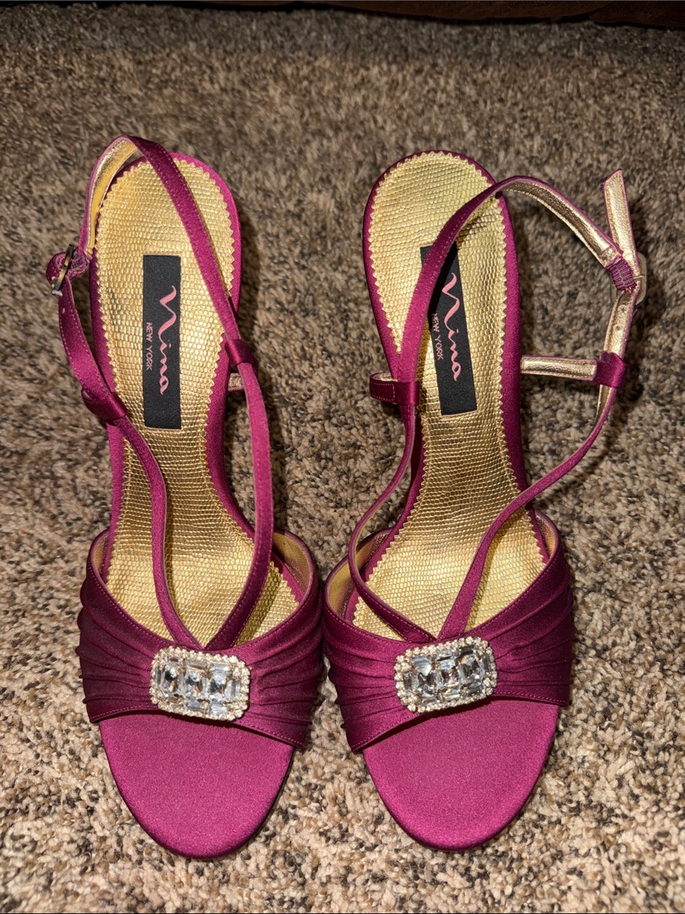 Nina Magenta Satin Slingback Heels with Crystal Buckles